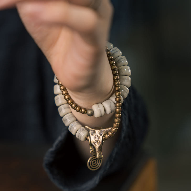 Bracelet spirituel double tour en cuivre et os de yak de 16 à 17,5 cm, équilibre