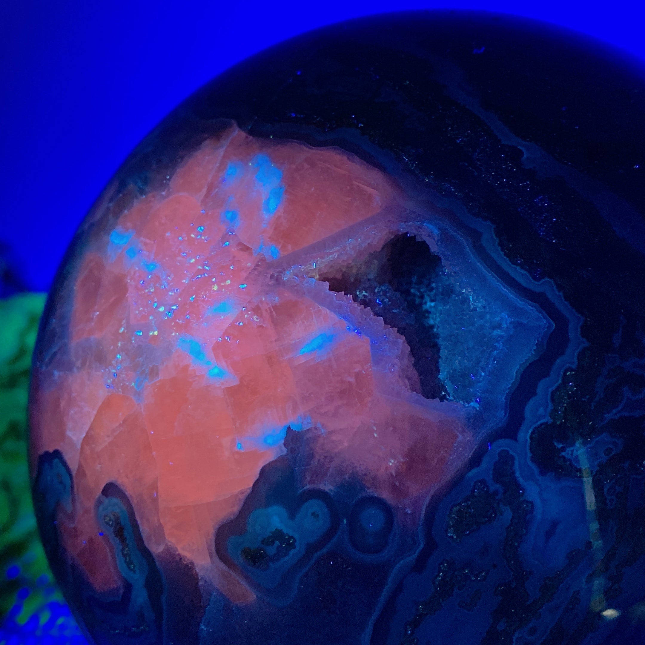 16.5cm Druzy Moss Agate & Calcite UV Reactive Crystal Sphere
