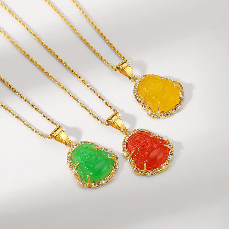 Gold Filled Laughing Buddha Jade Necklace Pendant for Luck