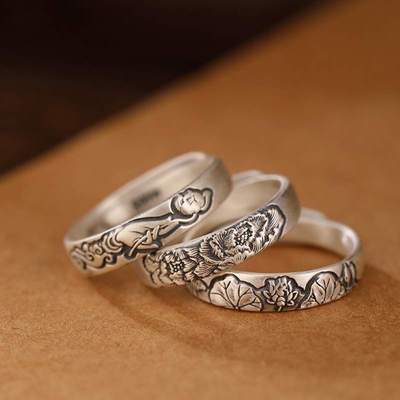 Adjustable 999 Sterling Silver Lotus Flower Enlightenment Ring
