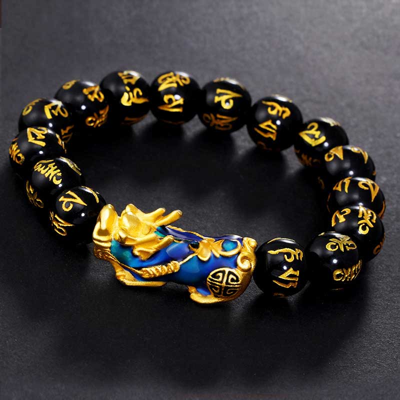 12mm Obsidian Pixiu Wealth Bracelet with Om Mani Padme Hum