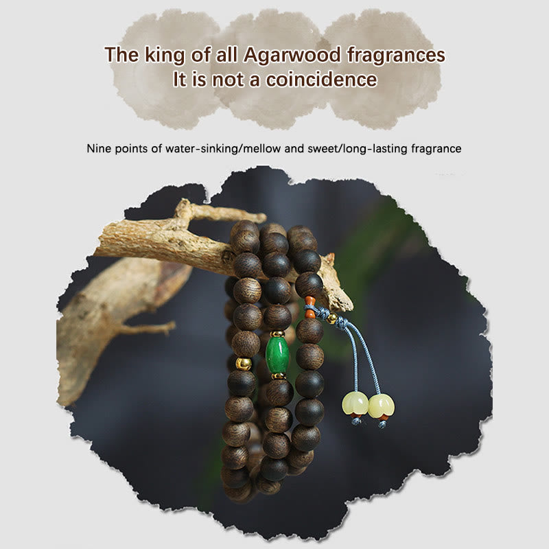 108 Bead Mala Meditation Bracelet with Agarwood Cyan Jade Amber