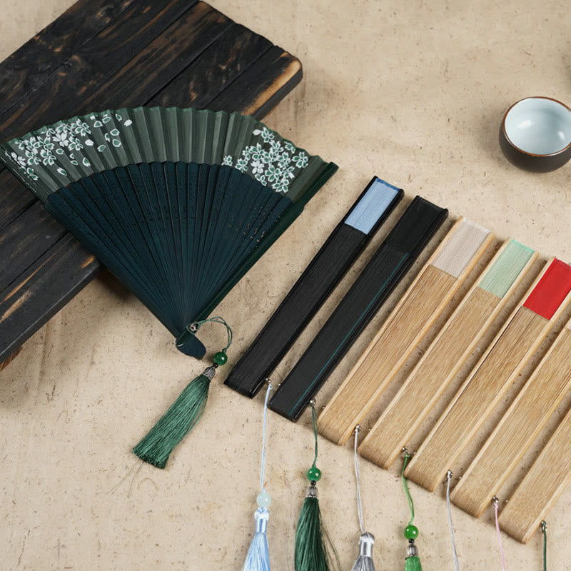 22cm Bamboo Folding Fan with Cherry Blossom Engraving