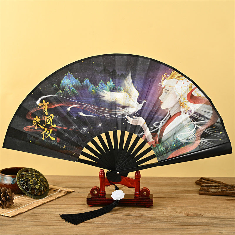 Dragon Phoenix Tiger Crane Folding Fan with Lotus Tassel