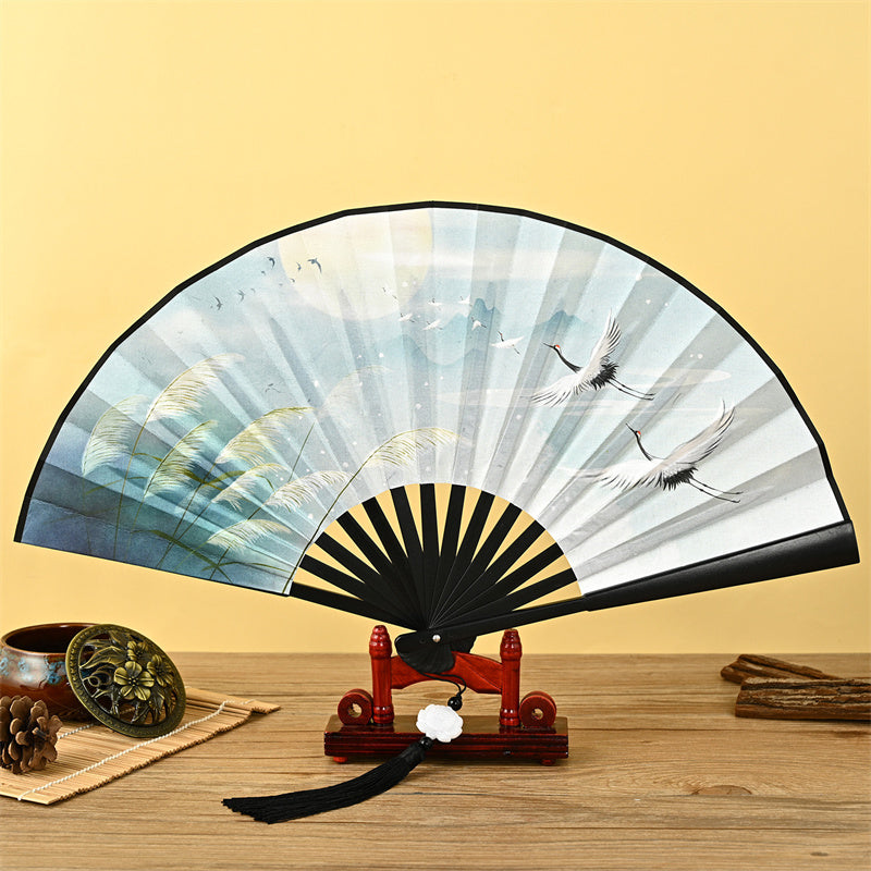 Dragon Phoenix Tiger Crane Folding Fan with Lotus Tassel