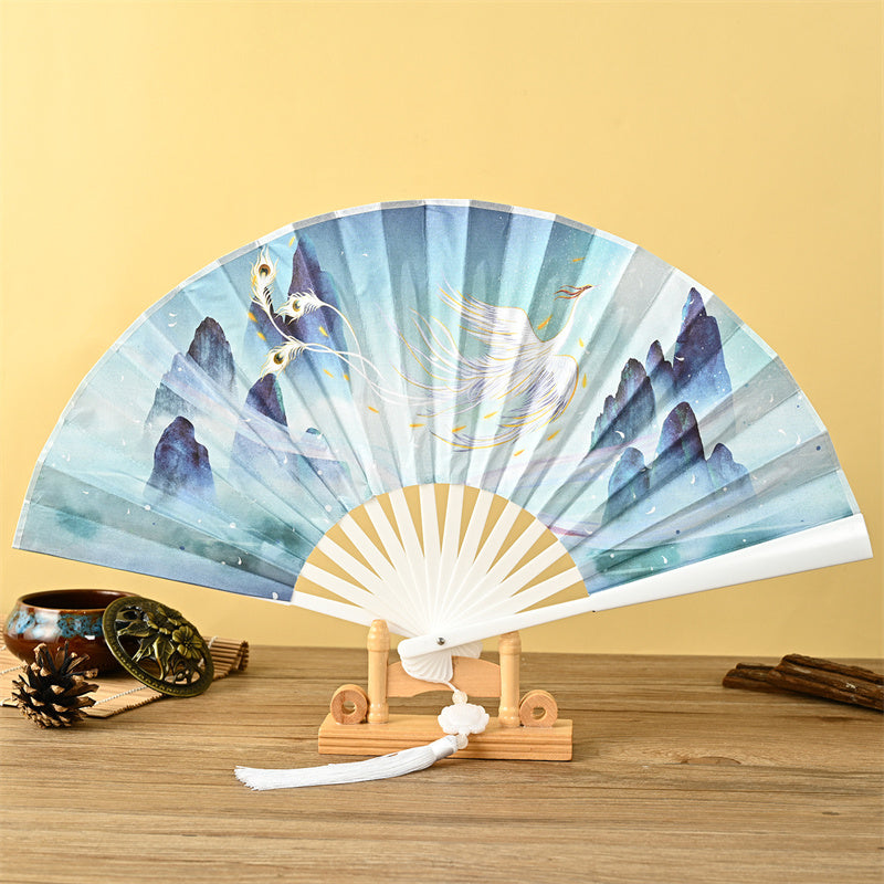 Dragon Phoenix Tiger Crane Folding Fan with Lotus Tassel