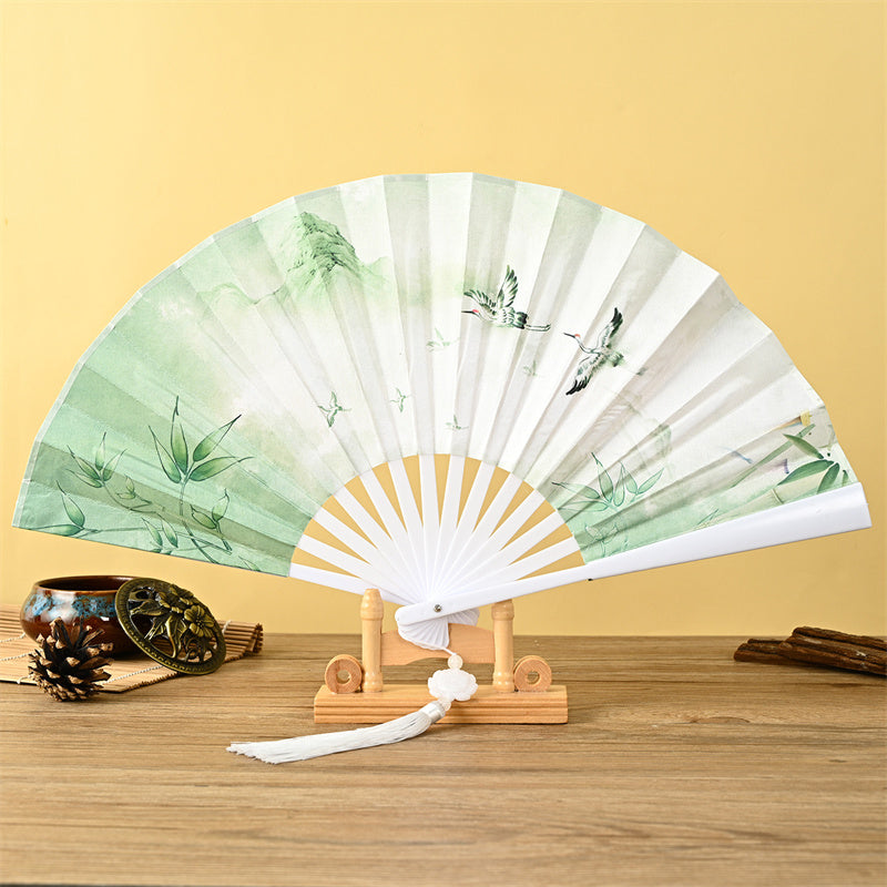 Dragon Phoenix Tiger Crane Folding Fan with Lotus Tassel
