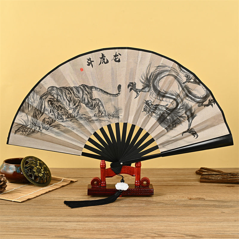 Dragon Phoenix Tiger Crane Folding Fan with Lotus Tassel