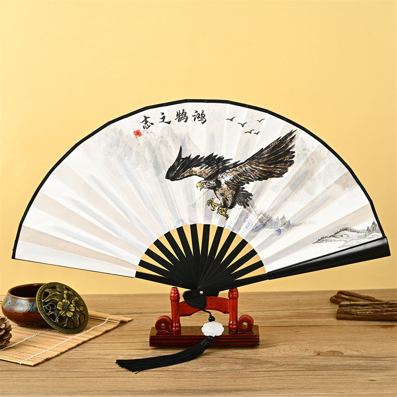 Dragon Phoenix Tiger Crane Folding Fan with Lotus Tassel