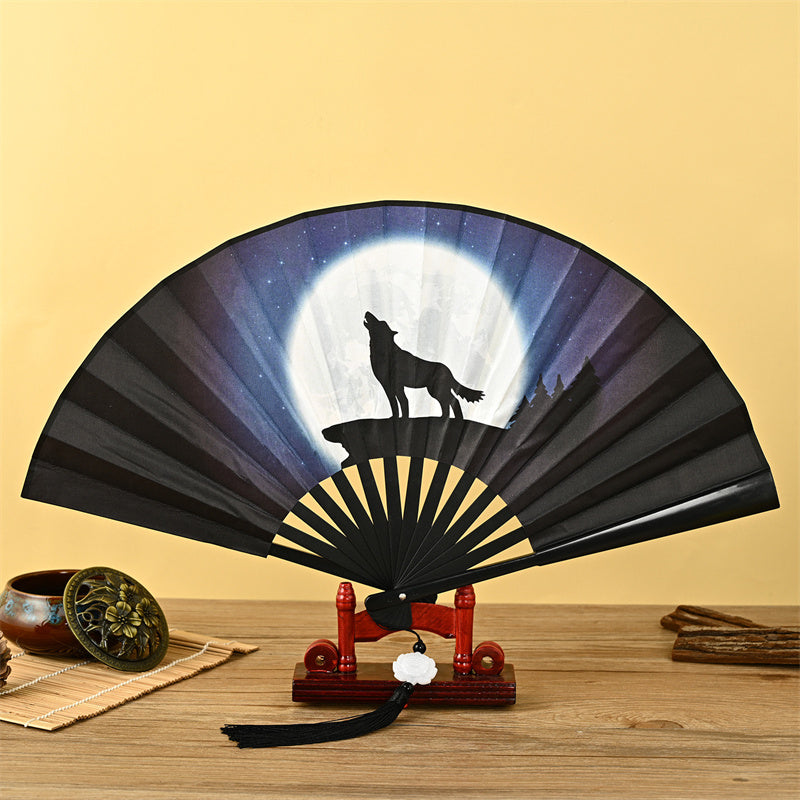 Dragon Phoenix Tiger Crane Folding Fan with Lotus Tassel