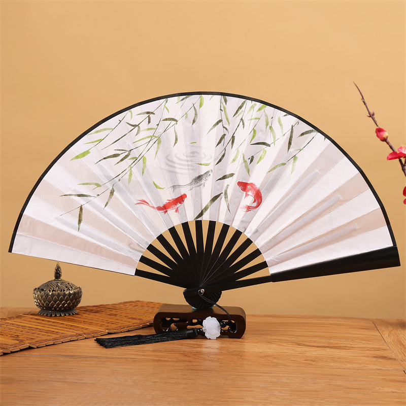Dragon Phoenix Tiger Crane Folding Fan with Lotus Tassel