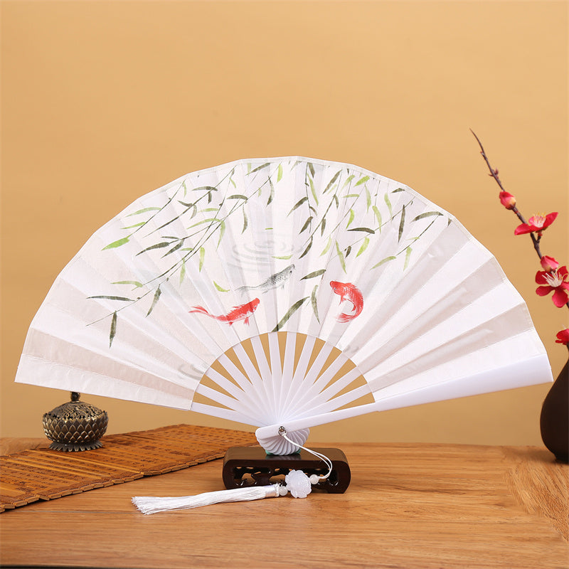 Dragon Phoenix Tiger Crane Folding Fan with Lotus Tassel