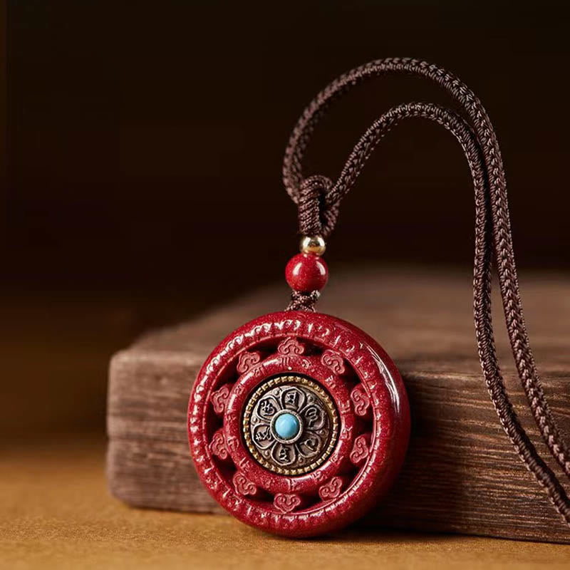 Cinnabar Om Mani Padme Hum Rotatable Pendant Necklace & Key Chain