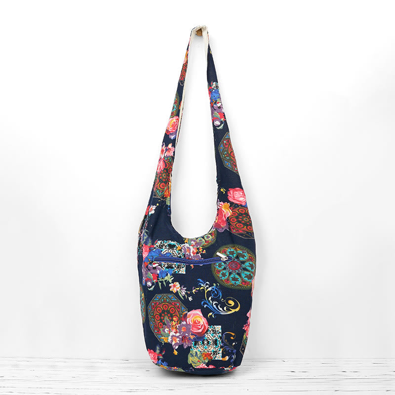 Navy Blue Cotton Flower Pattern Crossbody Bag Shoulder Purse