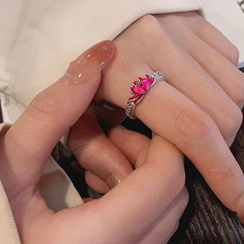 Bague réglable en argent sterling 925 Om Mani Padme Hum Lotus Peace