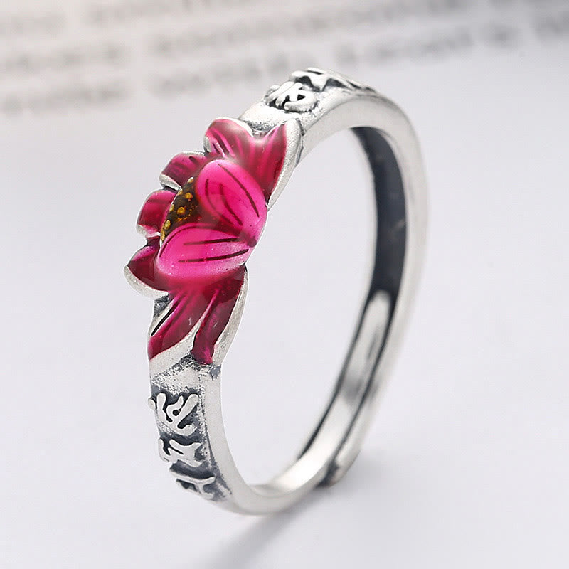 Bague réglable en argent sterling 925 Om Mani Padme Hum Lotus Peace