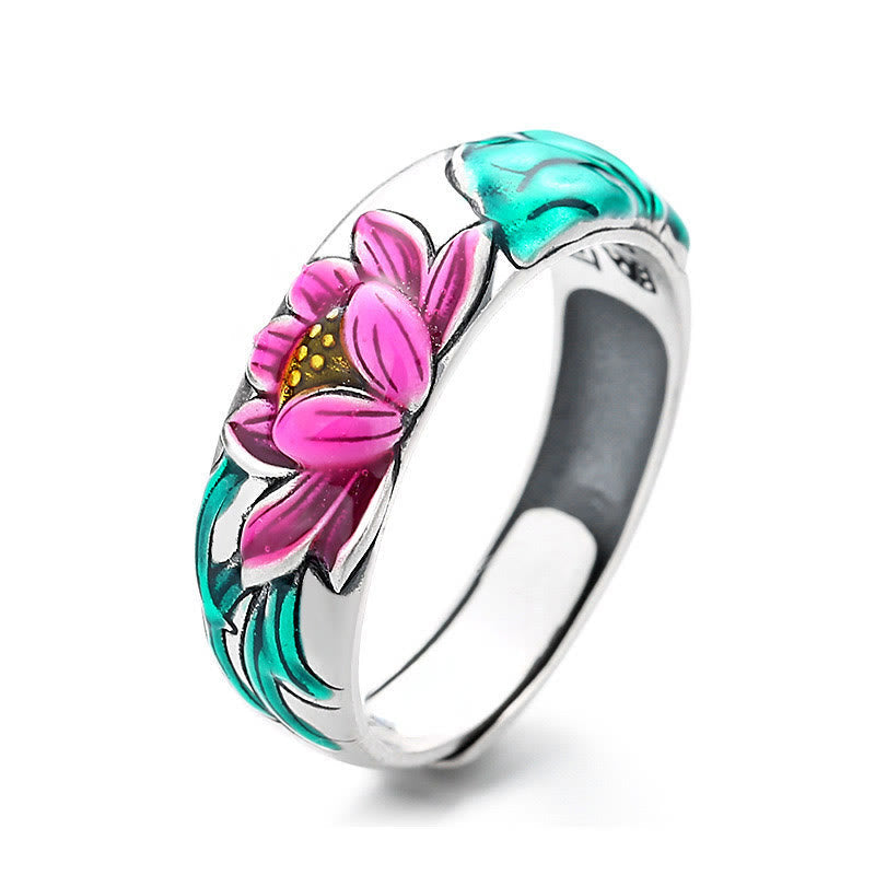 925 Sterling Silver Lotus Flower Heart Sutra Enlightenment Ring