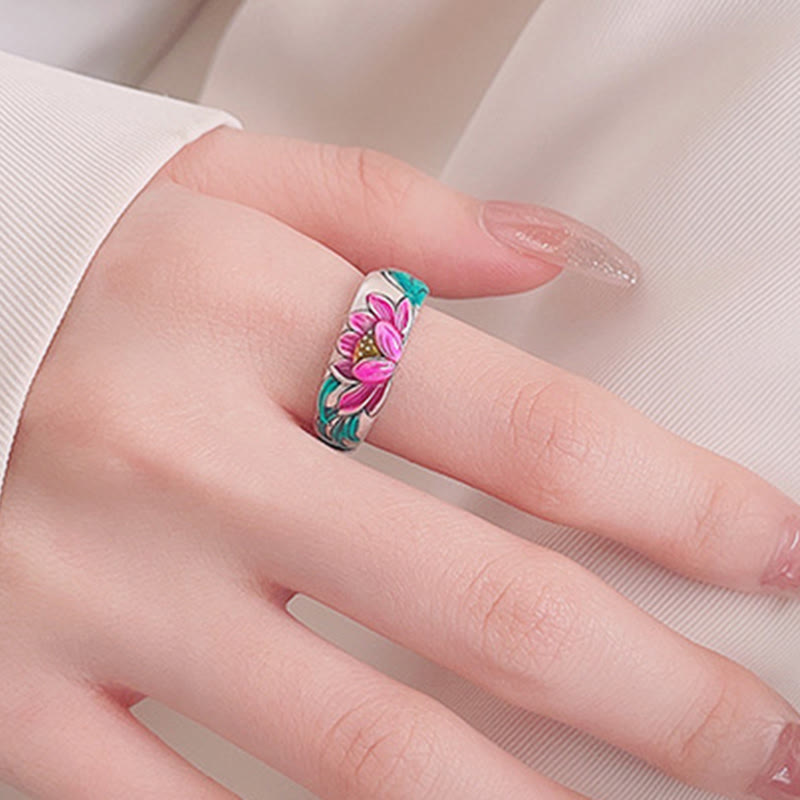 925 Sterling Silver Lotus Flower Heart Sutra Enlightenment Ring