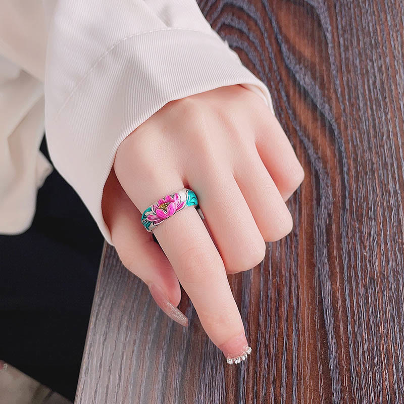 925 Sterling Silver Lotus Flower Heart Sutra Enlightenment Ring