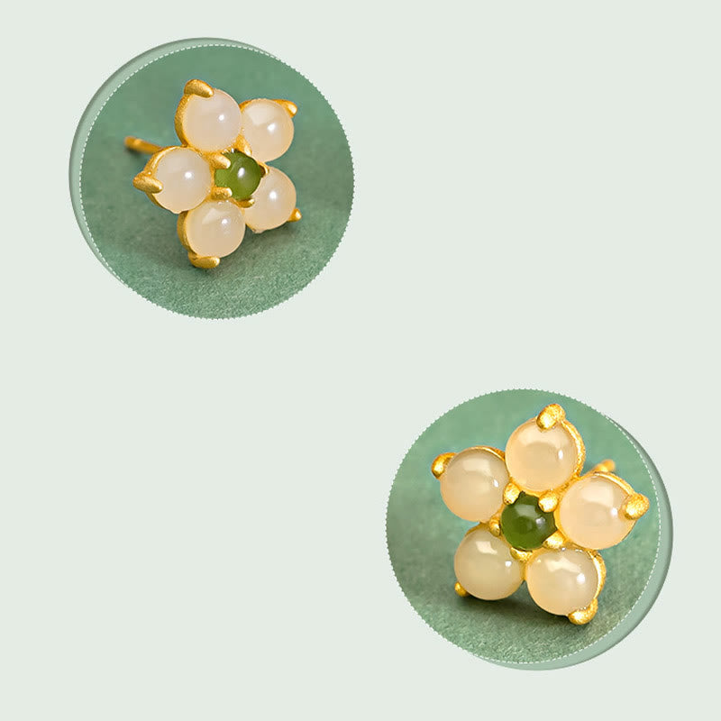 Sterling Silver Hetian Jade Luck Flower Stud Earrings