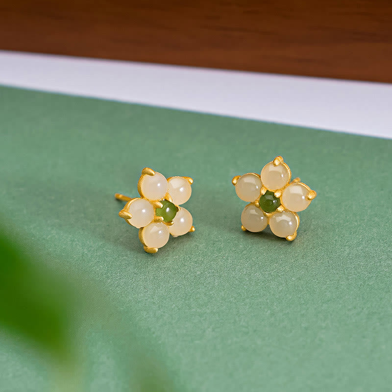 Sterling Silver Hetian Jade Luck Flower Stud Earrings