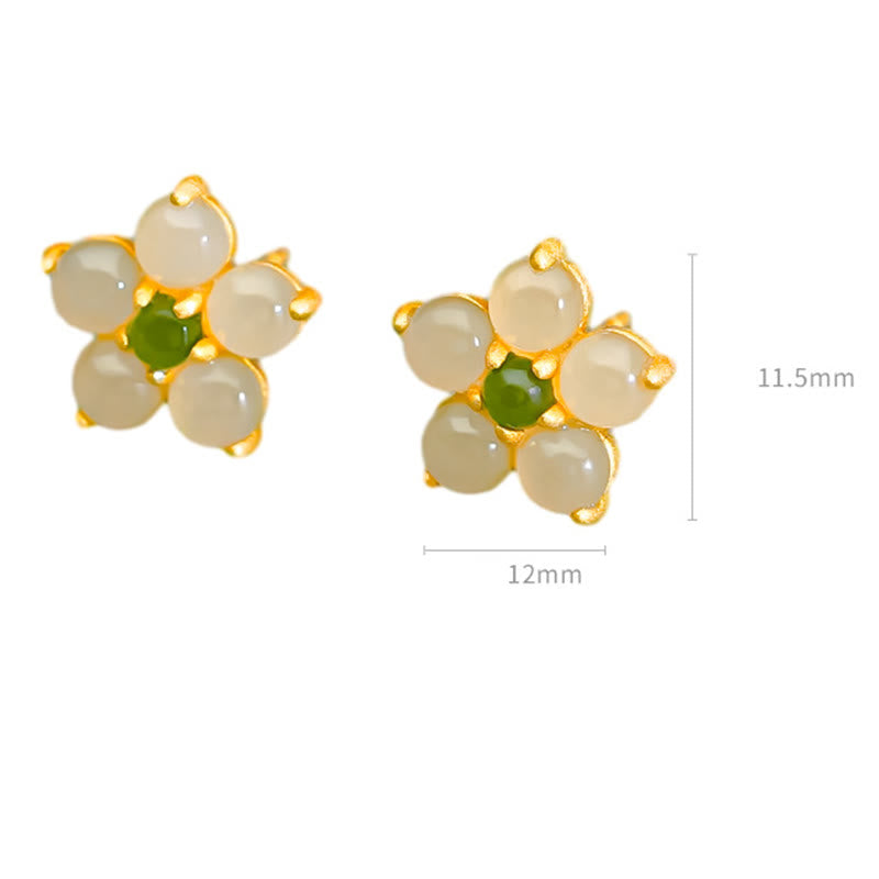 Sterling Silver Hetian Jade Luck Flower Stud Earrings