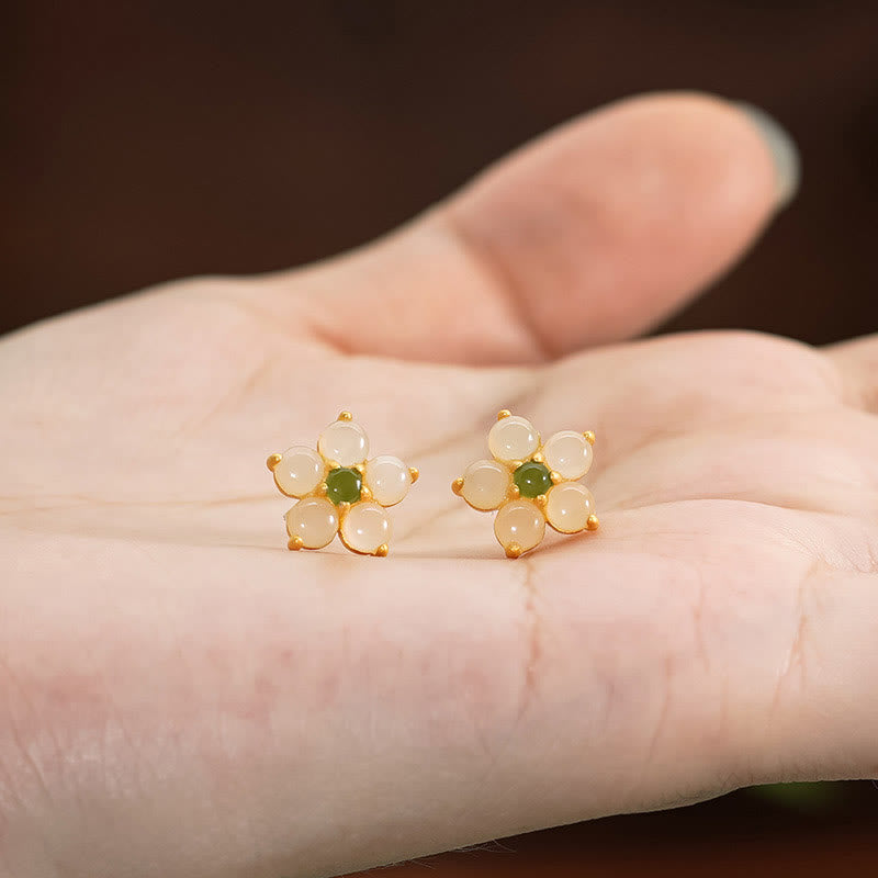 Sterling Silver Hetian Jade Luck Flower Stud Earrings