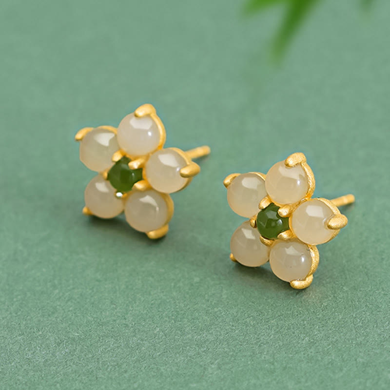 Sterling Silver Hetian Jade Luck Flower Stud Earrings