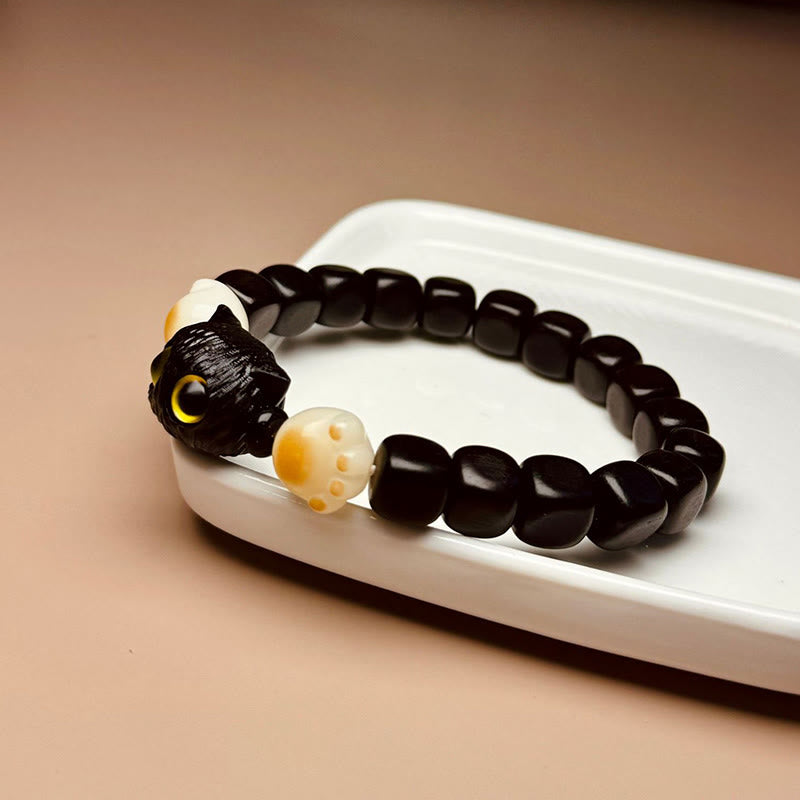 Bodhi Seed Ebony Wood Cat Peace Bracelet 14-16cm