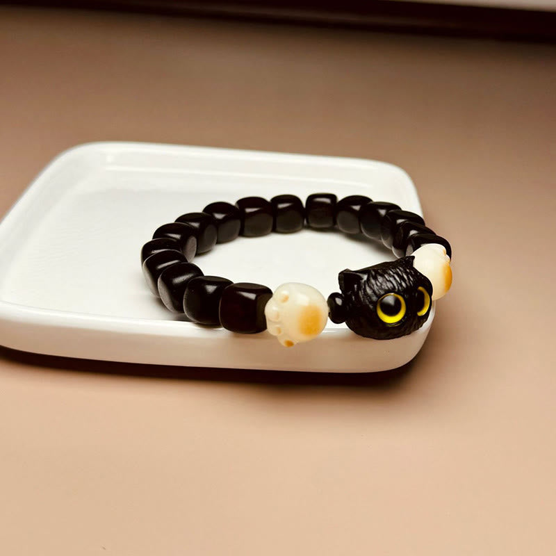 Bodhi Seed Ebony Wood Cat Peace Bracelet 14-16cm