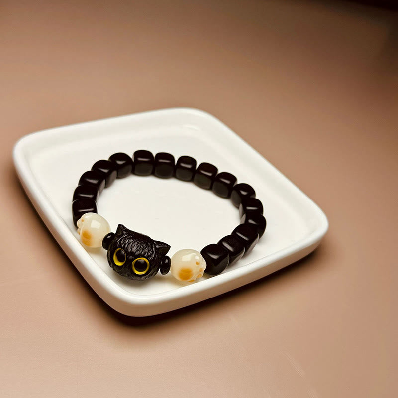 Bodhi Seed Ebony Wood Cat Peace Bracelet 14-16cm
