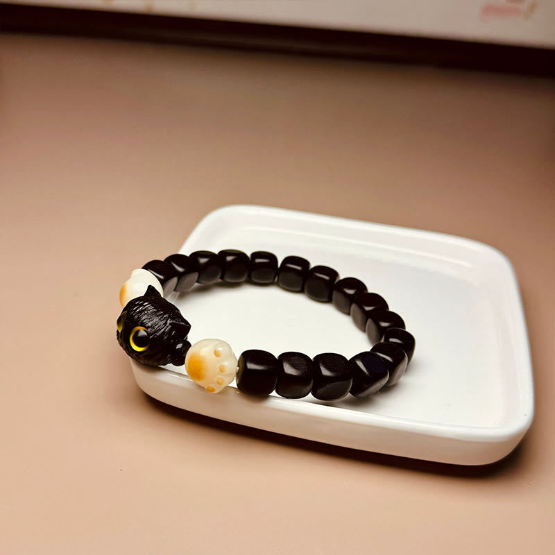 Bodhi Seed Ebony Wood Cat Peace Bracelet 14-16cm