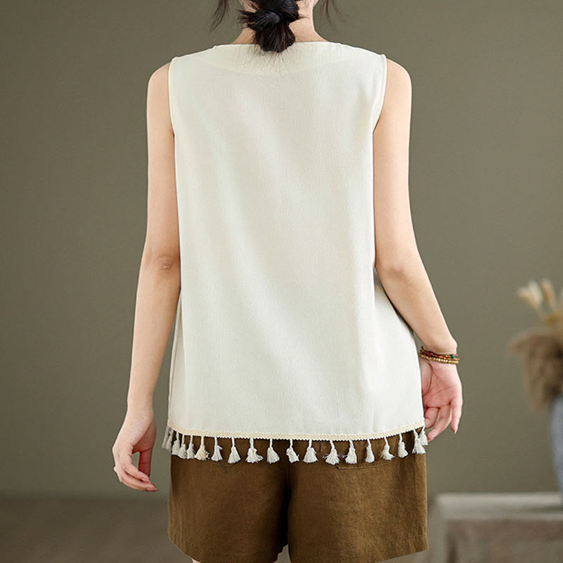 Retro Embroidery Polyester V-Neck Tassel Tank Top for Women