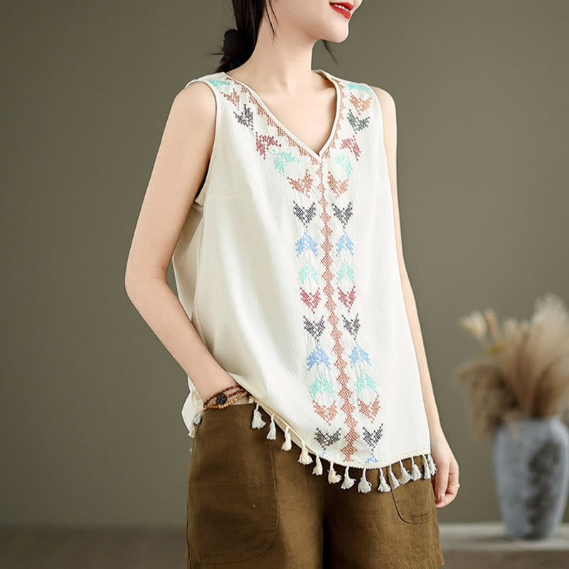 Retro Embroidery Polyester V-Neck Tassel Tank Top for Women