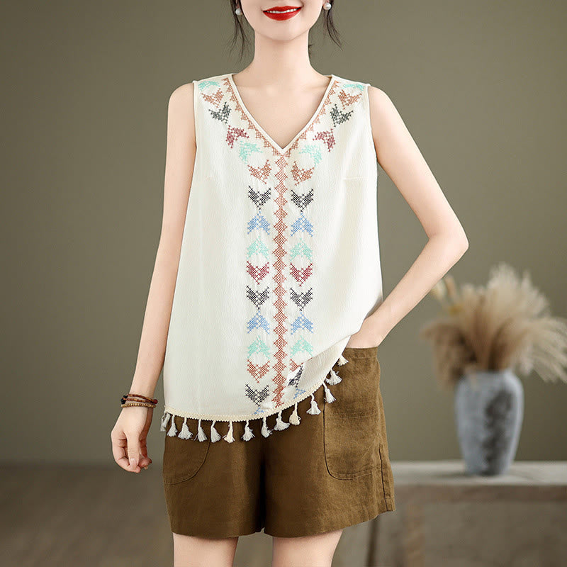 Retro Embroidery Polyester V-Neck Tassel Tank Top for Women