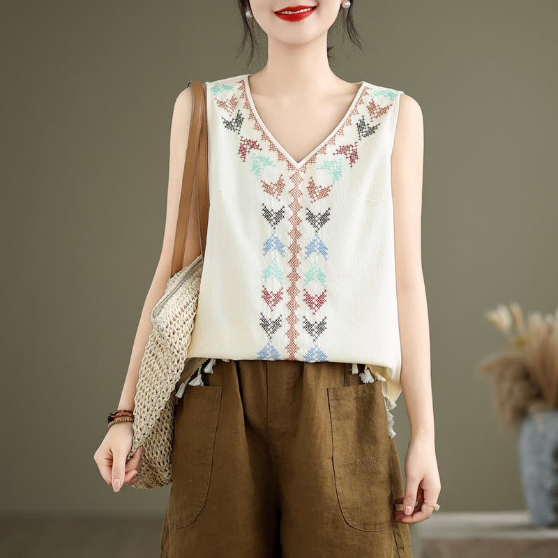 Retro Embroidery Polyester V-Neck Tassel Tank Top for Women