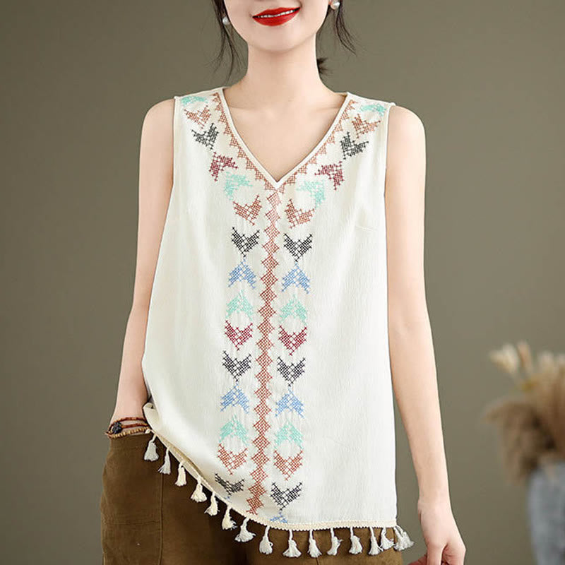 Retro Embroidery Polyester V-Neck Tassel Tank Top for Women