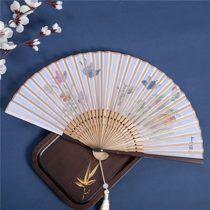 Cotton Linen Chinese Folding Fan 22cm Butterfly Orchid Cat