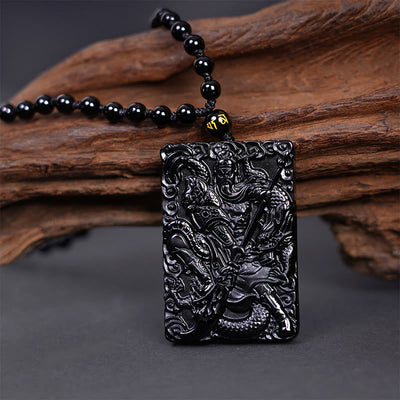 Collier pendentif en obsidienne noire Guan Gong Force