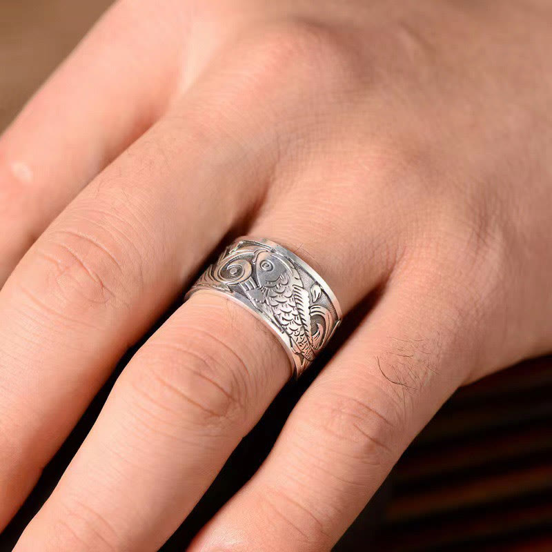 Adjustable Copper Koi Fish Ring with Heart Sutra for Luck & Wealth