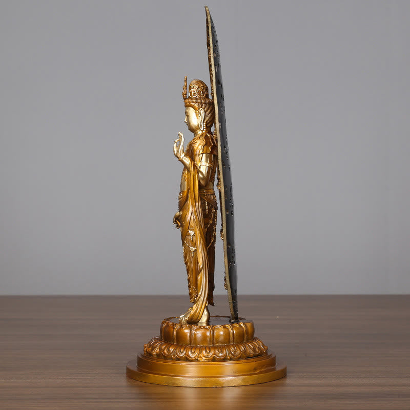 Kwan Yin Avalokitesvara Brass Copper Statue 18x41.5cm Harmony Aura