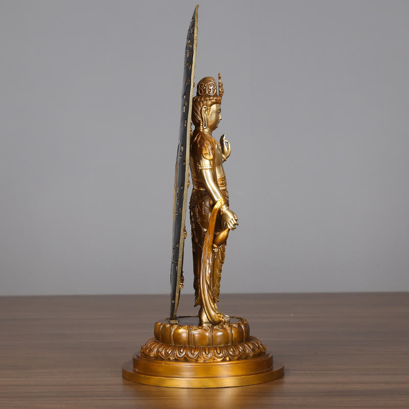 Kwan Yin Avalokitesvara Brass Copper Statue 18x41.5cm Harmony Aura