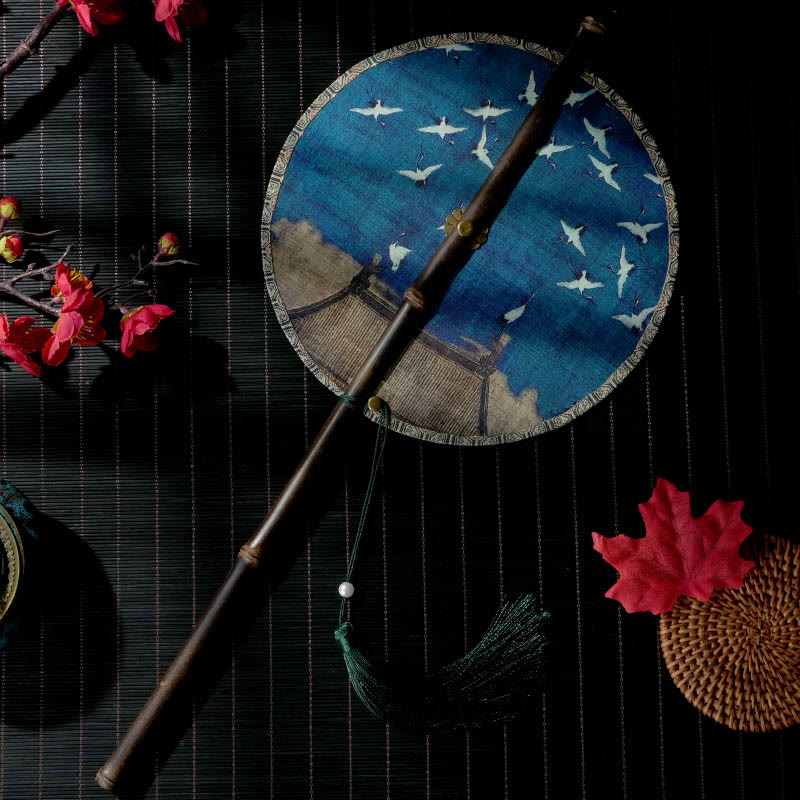 22cm Chinese Folding Fan with Purple Bamboo Handle and Floral Patterns
