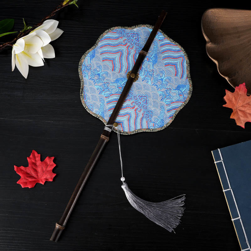 22cm Chinese Folding Fan with Purple Bamboo Handle and Floral Patterns