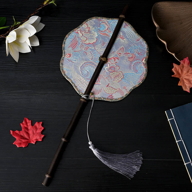 22cm Chinese Folding Fan with Purple Bamboo Handle and Floral Patterns