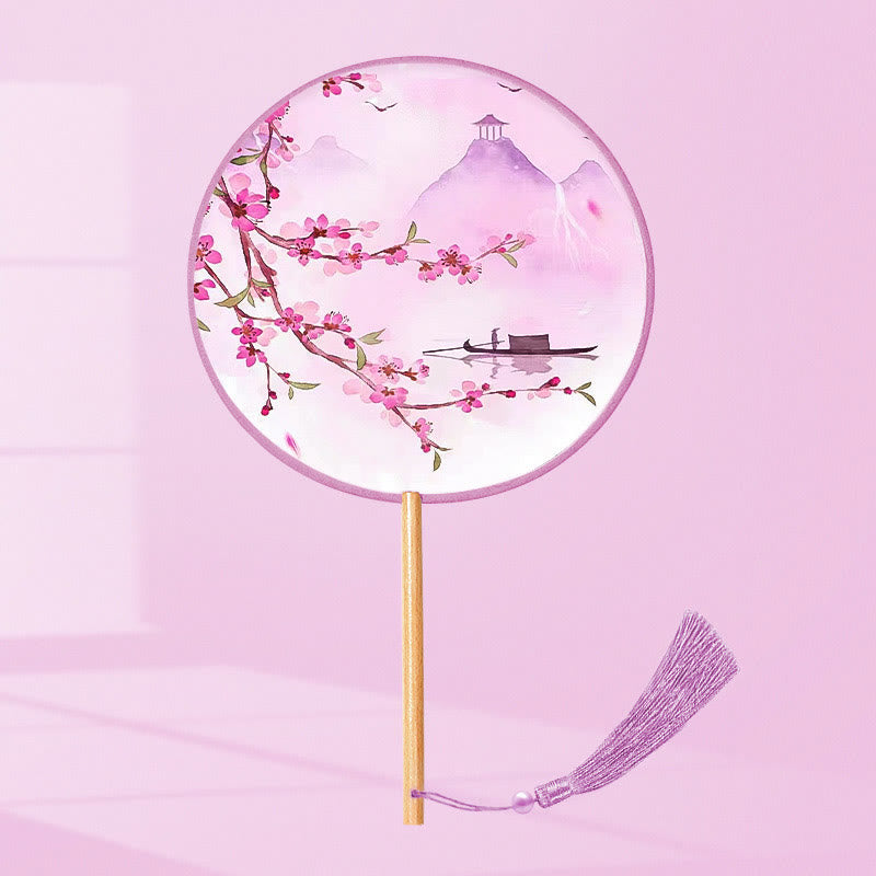 21cm Wooden Chinese Folding Fan With Koi Fish & Cherry Blossom Designs