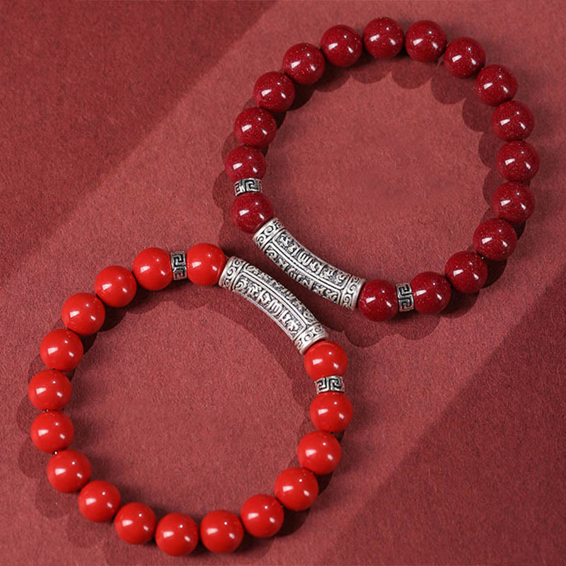 8mm Cinnabar Blessing Bracelet with Silver Six True Words Charm