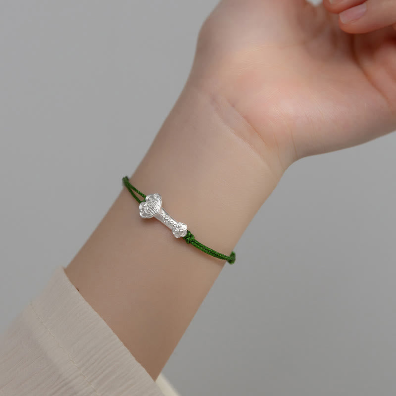 999 Sterling Silver Fu Character Bracelet | Green Rope Spiritual Luck