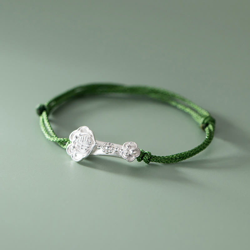999 Sterling Silver Fu Character Bracelet | Green Rope Spiritual Luck