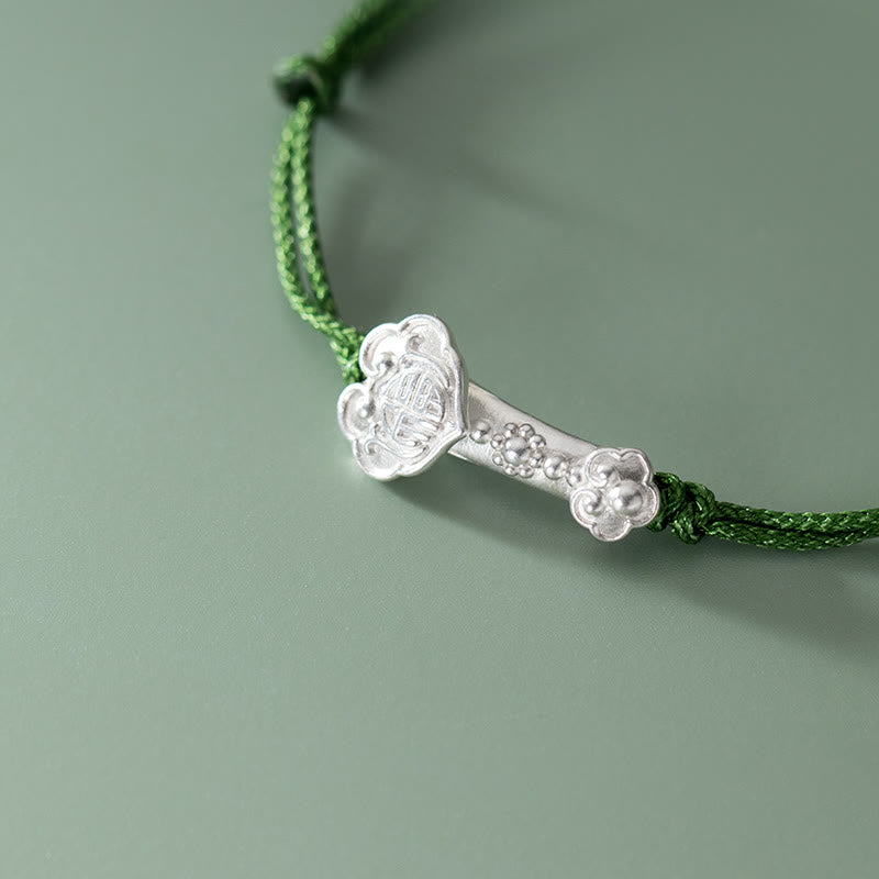 999 Sterling Silver Fu Character Bracelet | Green Rope Spiritual Luck